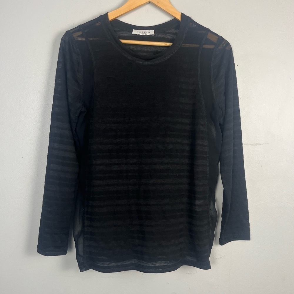 Sandro Paris Pull over long sleeve sheer striped shirt top black S flaw